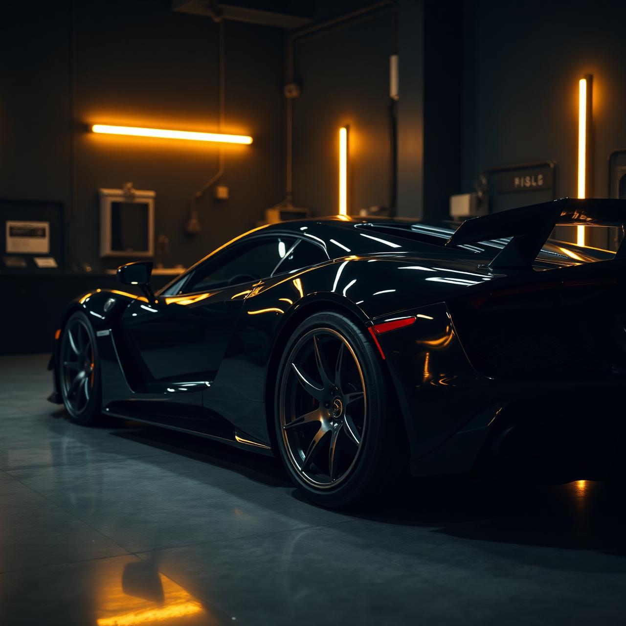 Black exotic supercar in luxury detail bay